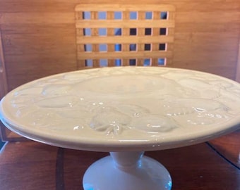 Vintage Cream Ceramic Pedestal Cake Stand Embossed Fruit Vine 11 Inch