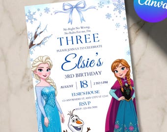 Invitation d'anniversaire La Reine des Neiges (3 ans) modifiable - Invitation Princesse Elsa et Anna - Invitation d'anniversaire La Reine des Neiges pour fille - Thème numérique