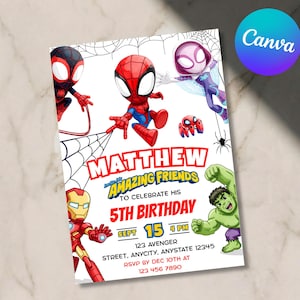 Plantilla editable de invitación de cumpleaños de Spidey y sus increíbles amigos en acuarela. Invitación infantil imprimible para descargar al instante.