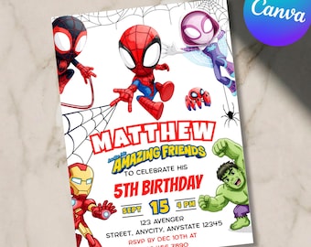 Editable Watercolor Spidey And His Amazing Friends Birthday Party Invitation Superhero Template Printable Kids Invite Instant Download