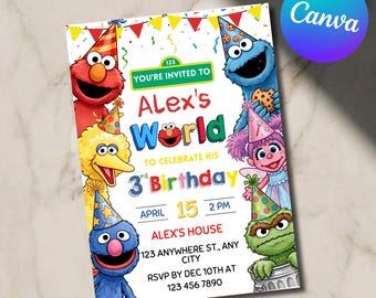 Editable Kids Cartoon Birthday Invitation, Elmo Party Evite, Elmo & Friends Theme Birthday Card, Canva Template (Digital Download)