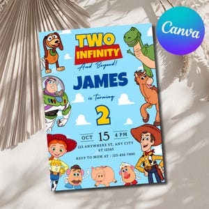 May include: A light blue birthday invitation card featuring cartoon characters including a cowboy, space ranger, cowgirl, dinosaur, horse, and potato figures. The text reads TWO INFINITY And Beyond! JAMES is Turning 2, OCT 15 4 PM, 123 ANYWHERE ST, ANY CITY ST 12345, RSVP TO MOM AT : 123-456-7890.