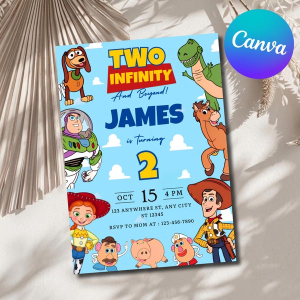 May include: A light blue birthday invitation card featuring cartoon characters including a cowboy, space ranger, cowgirl, dinosaur, horse, and potato figures. The text reads TWO INFINITY And Beyond! JAMES is Turning 2, OCT 15 4 PM, 123 ANYWHERE ST, ANY CITY ST 12345, RSVP TO MOM AT : 123-456-7890.