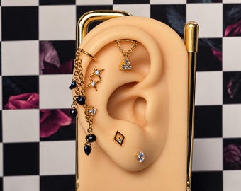 Badd Mommi Black CZ Ear Chain | 1.5mm Gold Earring Connector | 4mm Black Stone Cartilage Chain | Edgy Curated Ear Jewelry