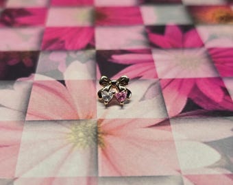 Cherry Crush Threadless Flatback Earring | Pink & Clear Heart CZ Stud | Gold Bow Cartilage Earring | Titanium Labret Post