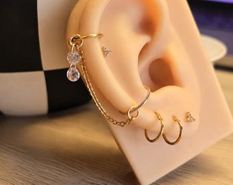 Double Dewdrop, 30mm earring connector with 2 CZ stones, minimal styled chain 2mm