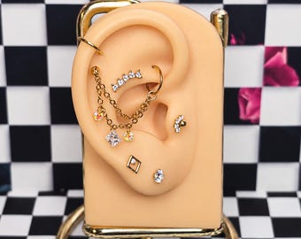 Prism Spell Double Draped Ear Chain | ASTM F136 G23 Titanium Flatback | Gold Labret to Earring Connector | Iridescent AB CZ Jewelry