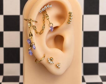 Lilac Drop Ear Chain | 30mm Gold Connector Chain | 4mm Amethyst CZ Dangles | Dainty Draped Ear Stack Jewelry