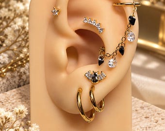 Checkered Black & Clear CZ Ear Chain | 30mm Gold Connector Chain | ASTM F136 Titanium Labret Option | 6mm or 8mm Flatback