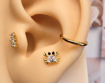 Feeling Crabby Threadless Flatback Earring | Gold Crab Cartilage Stud | Titanium Labret Post | Coastal Ear Jewelry