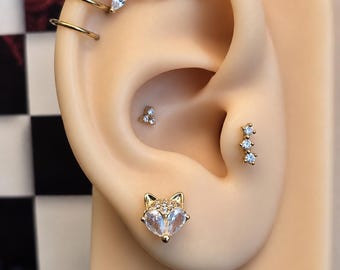 Mountain Fox Threadless Flatback Earring | Gold Fox Cartilage Stud | Titanium Labret Post | Woodland Animal Jewelry
