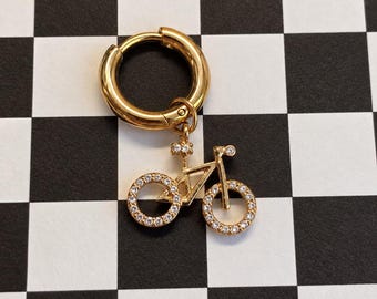 Summit Ride Huggie Earrings | Removable Mountain Bike Charm | Gold 10mm Stainless Steel Hoops | Nickel Free Bike Jewelry - PAIR