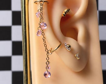 Sugar Sweet Baby Pink Ear Chain | 30mm Gold Connector Chain | 4mm Amethyst CZ Dangles | Dainty Draped Ear Stack Jewelry