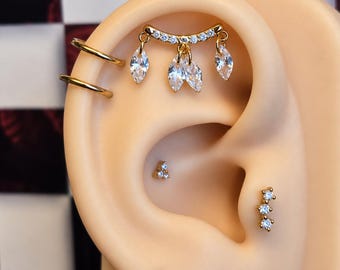 Zephyr Threadless Flatback Earring | Hidden Helix Dangle | Gold Ear Climber | Titanium Labret Post | Marquise Cartilage Jewelry