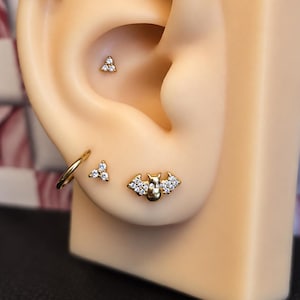 May include: A gold-toned ear display featuring a bat-shaped stud earring with clear stones, two triangular cluster stud earrings with clear stones, and two plain gold-toned hoop earrings. The jewelry is arranged across the lobe and cartilage.