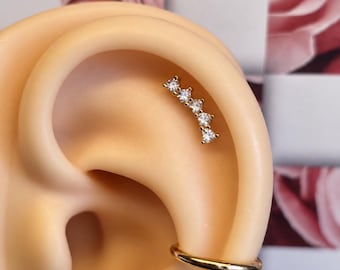Mountain Climber Love Threadless Flatback Earring | Gold CZ Ear Climber | Titanium Labret Post | Dainty Cartilage Jewelry