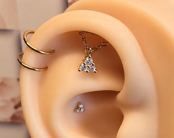 Pikes Peak Summit Threadless Flatback Earring | Gold CZ Chain Dangle | Titanium Labret Post | Colorado Mountain Jewelry