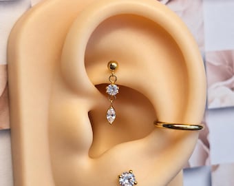 Mini Chic Dangle Threadless Flatback Earring | Dainty Gold Drop Earring | Titanium Labret Post | Minimal Cartilage Jewelry