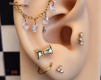 Darling Gold Bow Threadless Flatback Earring | Titanium Labret Post | Gold Push Pin Cartilage Earring | Coquette Bow Stud