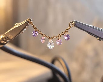 Alpenglow Ear Chain | 30mm Gold Connector Chain | 4mm Amethyst CZ Dangles | Dainty Draped Ear Stack Jewelry