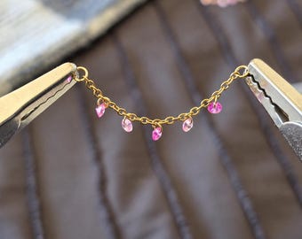 Pink Poppies 18K Gold-Plated Ear Chain | Pink Synthetic Corundum Sapphire Connector Chain | Dainty Gold Ear Stack Jewelry