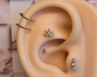 Lotus Glow Threadless Flatback Earring | Gold Lotus Cartilage Stud | Titanium Labret Post | Dainty Marquise CZ Jewelry