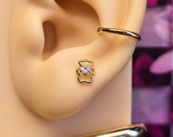 Honey Bear Threadless Flatback Earring | Gold Bear Cartilage Stud | Titanium Labret Post | Dainty Cute Ear Jewelry