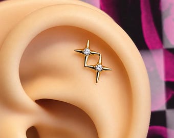 Cosmic Supernova Threadless Flatback Earring | Gold Starburst Cartilage Stud | ASTM F136 G23 Implant Grade Titanium | Celestial Ear Jewelry
