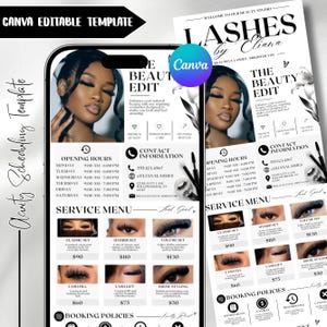 May include: A Canva editable template for a beauty studio service menu featuring the text Lashes by Eliana and The Beauty Edit. The layout includes opening hours, contact information, a service menu with lash images, and booking policies.