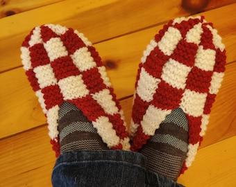 Wool Checkerboard Slippers in Red and White. Phentex style slippers