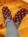 Checkerboard Wool Knit Slippers: Blue, White, and Red product logo