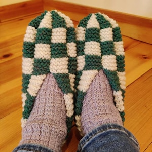 Checkerboard Wool Slippers in Forest Green and White. Great Mother's Day gift. Phentex style slippers
