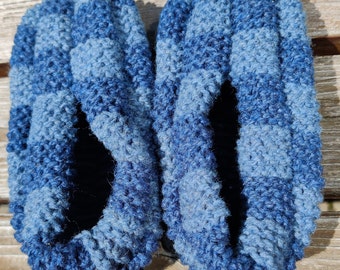 Denim Blue and Light Blue Wool Checkerboard slippers available in Men's and Women's sizes. Super warm and cozy! Phentex Style Slippers!