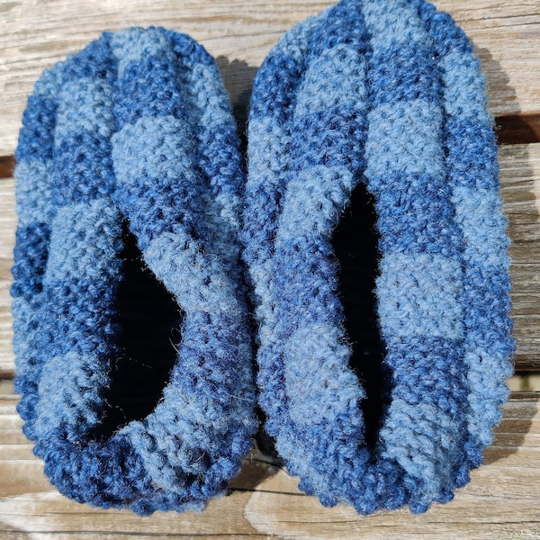 Denim Blue and Light Blue Wool Checkerboard slippers available in Men's and Women's sizes. Super warm and cozy! Phentex Style Slippers!