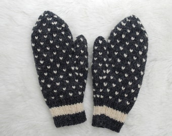 Grey Thrummed Mittens. Grey with striped cuff.