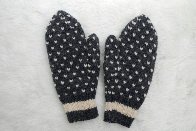 Grey Thrummed Mittens. Grey with striped cuff. image 1