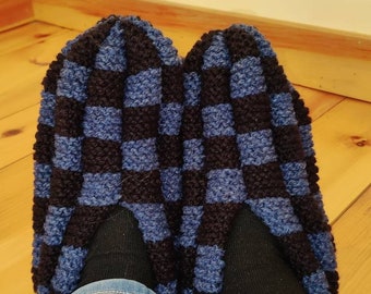 Wool Checkerboard Slippers: Blue and Black, Cozy Knit