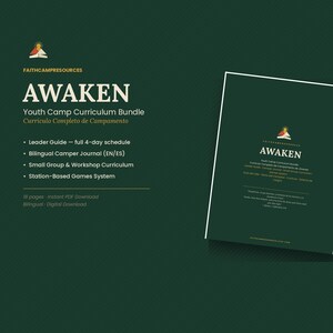 Puede incluir: Un paquete de plan de estudios digital verde oscuro titulado AWAKEN Youth Camp Curriculum Bundle. Incluye una guía para líderes, un diario bilingüe para campistas, plan de estudios para grupos pequeños y talleres, y un sistema de juegos en PDF de 18 páginas.