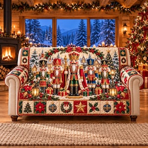 May include: A cream-colored sofa featuring a quilted pattern with a central design of five nutcrackers in red, green, and blue uniforms. The fabric displays Christmas trees, poinsettias, ornaments, and a winter village scene with lanterns.