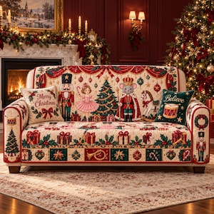 May include: A cream-colored sofa cover featuring a festive Christmas print with nutcrackers, a ballerina, a mouse king, a rocking horse, and a Christmas tree. The cover includes two matching throw pillows, one with the text Merry Christmas and one with the text Believe, decorated with red, green, and gold holiday motifs.