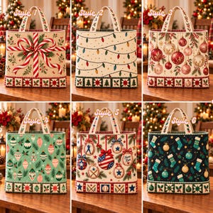 Handmade Quilted Christmas Tote Bag, Cute Xmas Lights Stocking Patchwork Shoulder Bag, Festive Holiday Gift Basket Tote Bag For Mom