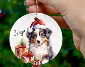 Australian Shepherd Puppy Ceramic Ornament, Personalized Pet Christmas Decor, Snowflake Heart Shape Gift, Dog Lover Holiday Decoration,
