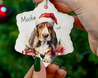 Basset Hound Puppy Ceramic Ornament, Personalized Pet Christmas Decor, Circle Snowflake Heart Shape Gift, Dog Lover Holiday Decoration,