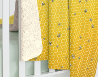 Bumble Bee Sherpa Throw Blanket, Honeycomb Print, Airstream Bed