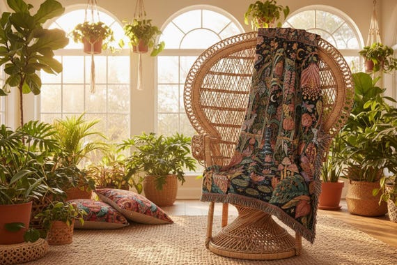 Surreal Botanical Woven Throw Blanket, 100% Cotton Tapestry, Fringed Edges