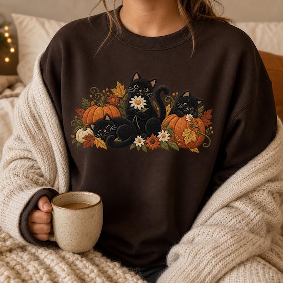 Black Cat Pumpkin Sweatshirt, Fall Autumn Crewneck