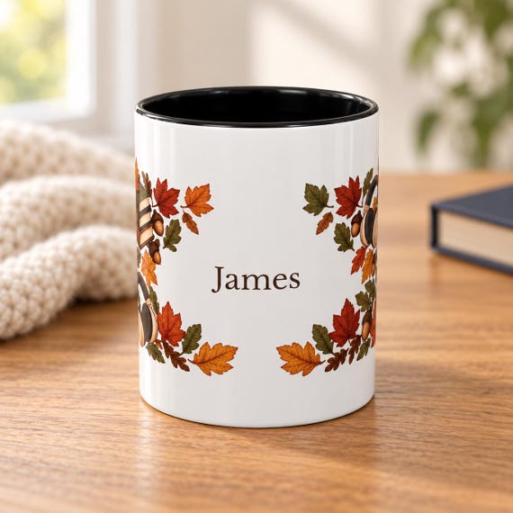 Personalized Fall Coffee Mug, Autumn Book Lover Gift, Cozy Reading Coffee Cup, Rustic Plaid Fall Leaves, Gifts for Him, Autumn Drinkware