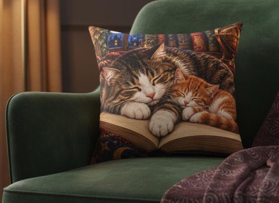 Sleeping Cat Throw Pillow with Insert, Cats & Books Library Decor