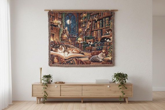 Cat Bookshelf  Woven Blanket, Moonlit Library Throw, Cozy Book Cat Lover Gift, Reading Nook