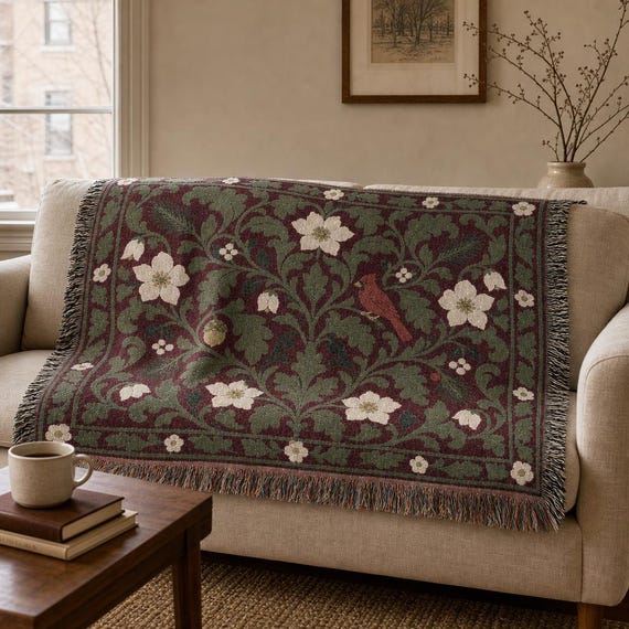 Woven Throw Blanket, 100% Cotton – William Morris-Inspired Winter Botanicals